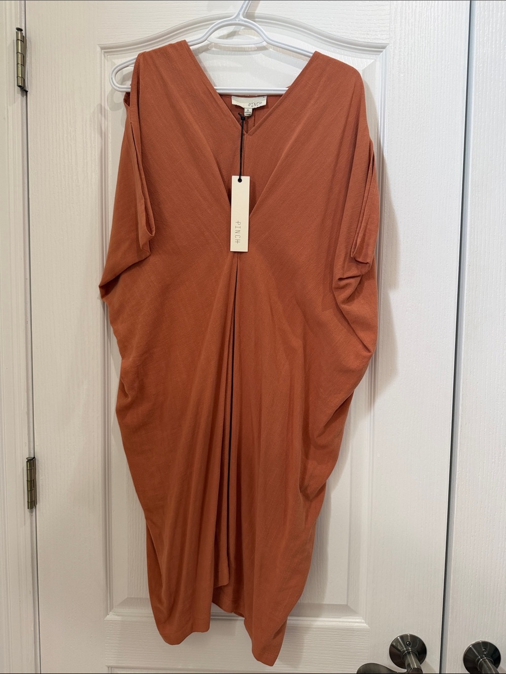 PInch Sz S Women's Rust Draped V-Neck Midi Dress oversized NWT